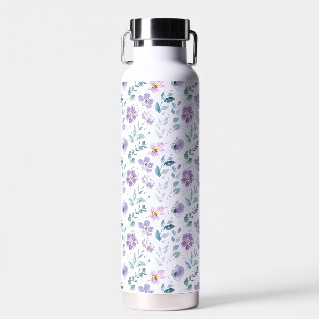 Purple Green Watercolor Wildflower Water Bottle (Front)