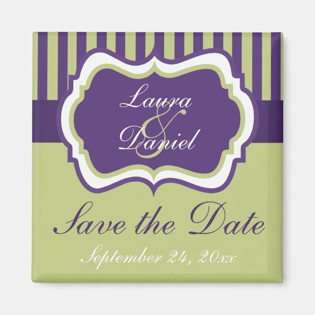 Purple, Green, White Damask Save the Date Magnet (Front)