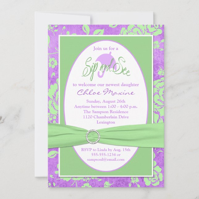 Purple Green White Floral Sip and See Invitation (Front)