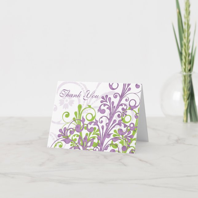 Purple Green White Floral Wedding Thank You Card (Front)