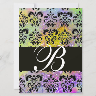 PURPLE GREEN YELLOW BLACK DAMASK MONOGRAM , white Invitation
