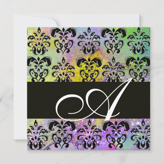PURPLE GREEN YELLOW BLACK  DAMASK MONOGRAM , white Invitation (Front)