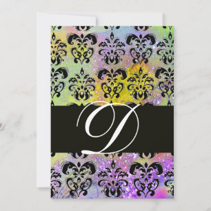 PURPLE GREEN YELLOW BLACK  DAMASK MONOGRAM , white Invitation