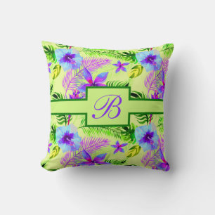 Purple Green Yellow Floral Hibiscus Flower Initial Cushion