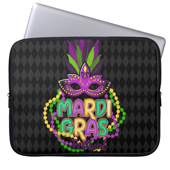 PURPLE GREEN YELLOW MARDI GRAS BEADS & SAYING LAPTOP SLEEVE (Front)