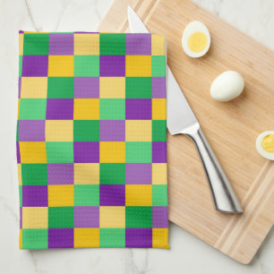 PURPLE GREEN YELLOW MARDI GRAS CHECKED PATTERN TEA TOWEL