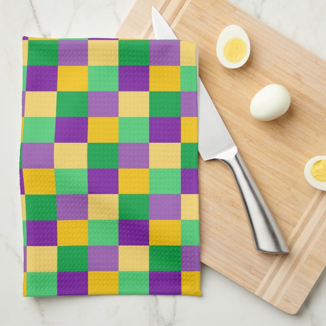 PURPLE GREEN YELLOW MARDI GRAS CHECKED PATTERN TEA TOWEL (Quarter Fold)