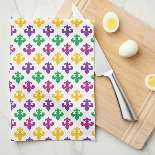 PURPLE GREEN YELLOW MARDI GRAS FLEUR DI LIS TEA TOWEL (Quarter Fold)