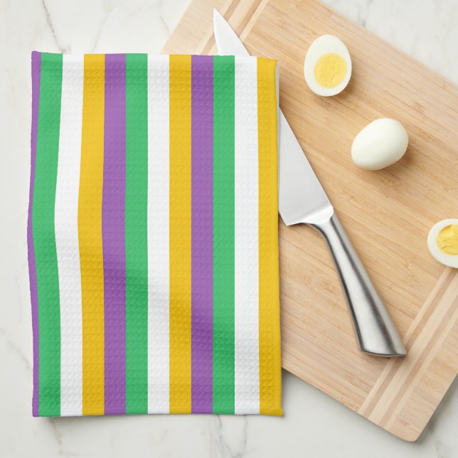 PURPLE GREEN YELLOW MARDI GRAS STRIPES KITCHEN TOW TEA TOWEL (Quarter Fold)