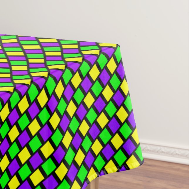 Purple Green Yellow Pattern Mardi Gras Tablecloth (In Situ)