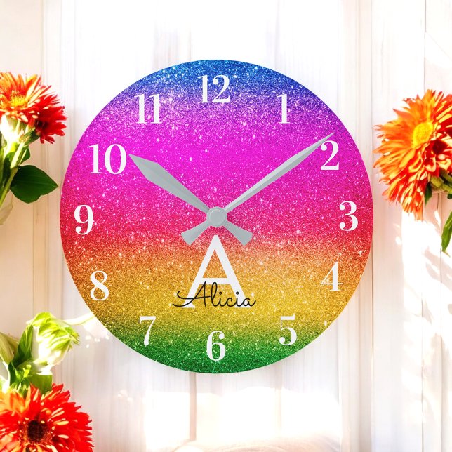 Purple Green Yellow Rainbow Unicorn Glitter Round Clock (Creator Uploaded)