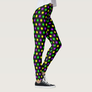 Purple Green Yellow Stars Black Mardi Gras Leggings
