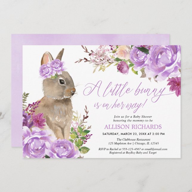 Purple greenery Easter bunny girl baby shower Invitation (Front/Back)
