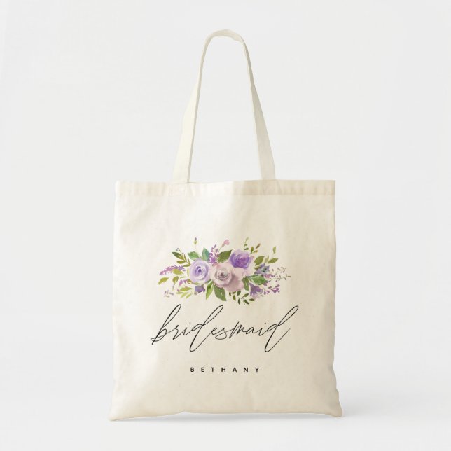Purple Greenery Floral Bridesmaid Calligraphy Tote Bag (Front)