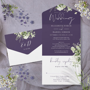 Purple Greenery Floral Details RSVP Wedding All In One Invitation