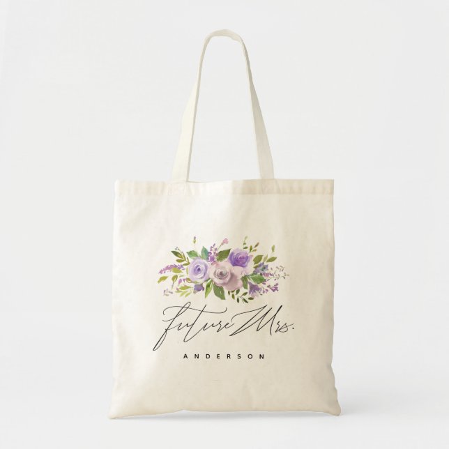 Purple Greenery Floral Future Mrs. Calligraphy Tote Bag (Front)