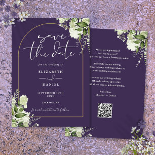 Purple Greenery Floral Gold Arch QR Code Wedding Save The Date