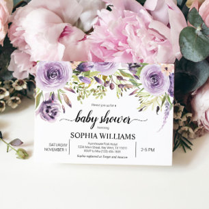 Purple & Greenery Flowers Baby Shower Invitation
