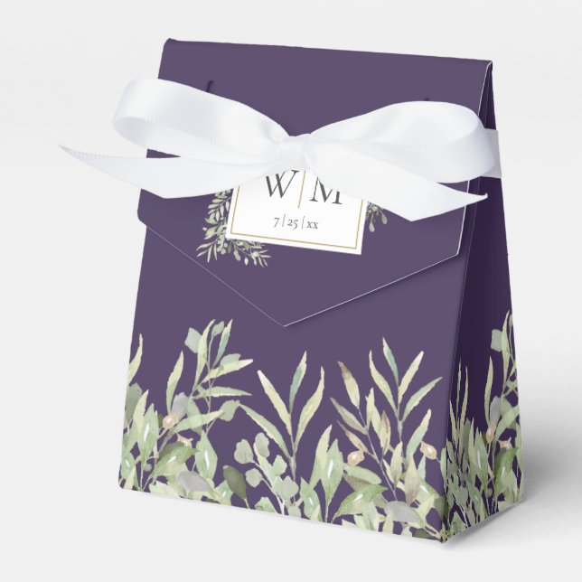Purple Greenery Foliage Monogram Wedding Favour Box (Front Side)