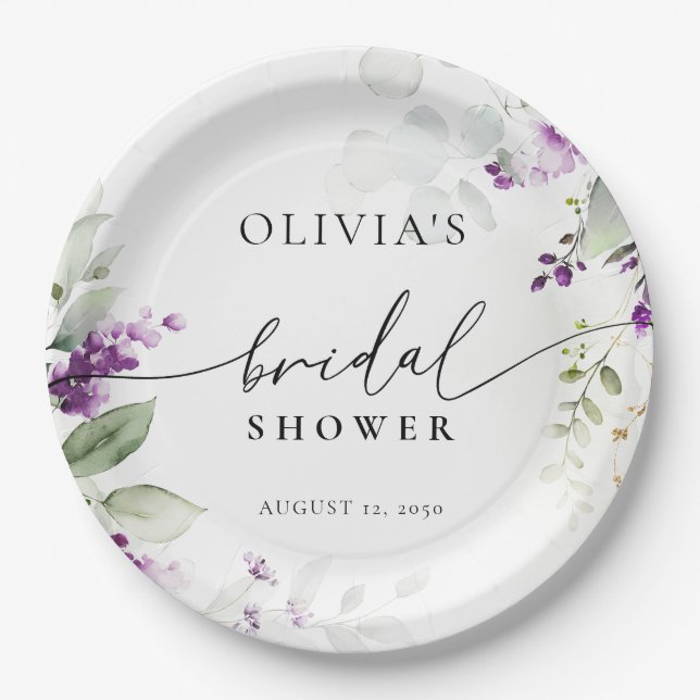 Purple Greenery Lavender Bridal Shower Paper Plate (Front)