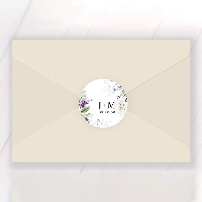 Purple Greenery Lavender Wedding Classic Round Sticker (Creator Uploaded)
