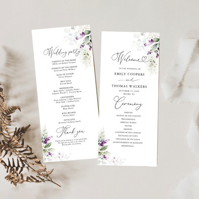 Purple Greenery Lavender Wedding Program (Creator Uploaded)