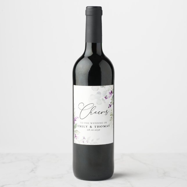 Purple Greenery Lavender Wedding Wine Label (Front)