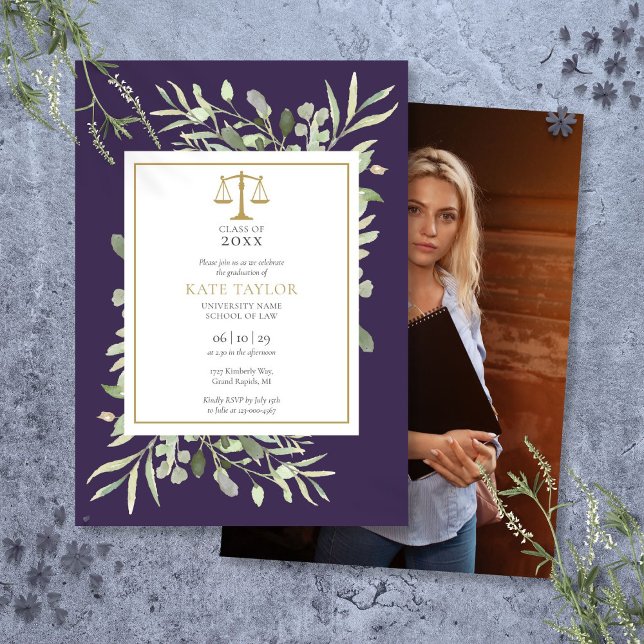 Purple Greenery Law School Graduation Photo Invitation (Purple Greenery Law School Graduation Photo Invitation)