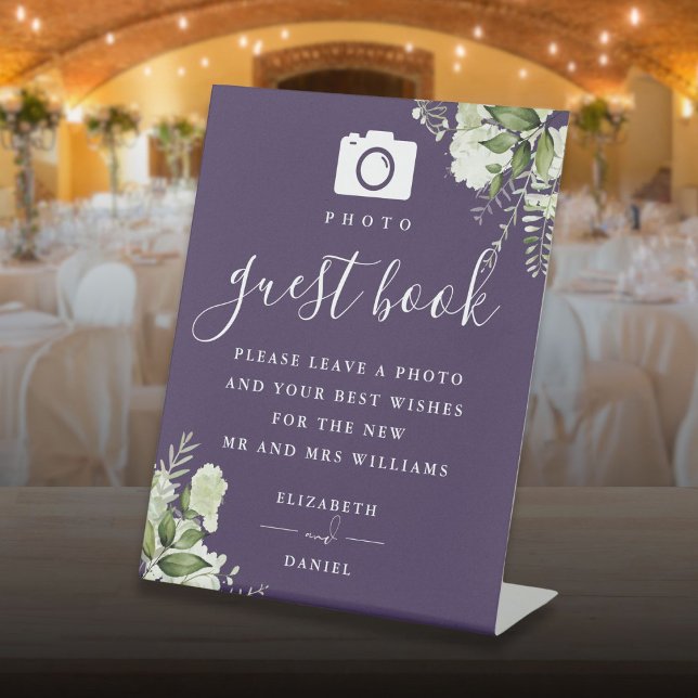 Purple Greenery Photo Guest Book Wedding Pedestal Sign (Purple Greenery Photo Guest Book Wedding Pedestal Sign)
