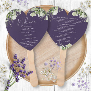 Purple Greenery Wedding Program Heart Hand Fan
