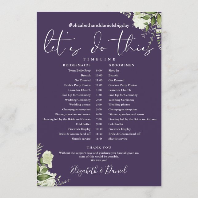 Purple Greenery Wedding Schedule Timeline Program (Front)