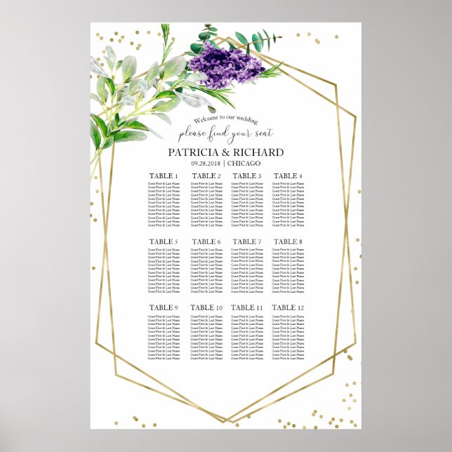 Purple Greenery Wedding Seating Plan Poster (Front)