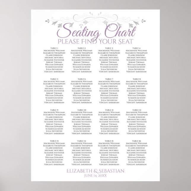 Purple & Grey 16 Table Wedding Seating Chart (Front)