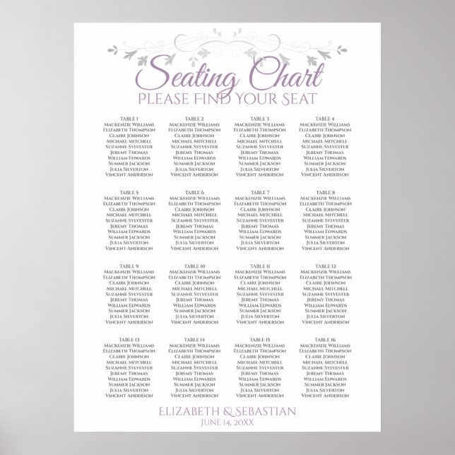 Purple & Grey 16 Table Wedding Seating Chart (Front)
