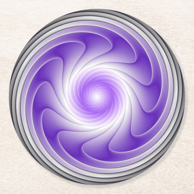 Purple Grey 3D Swirl Modern Abstract Fractal Art Round Paper Coaster (Front)