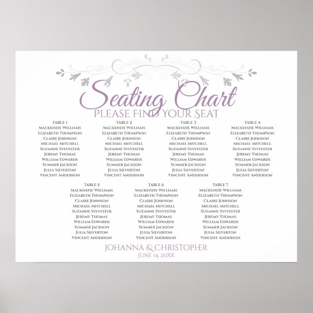 Purple & Grey 7 Table Wedding Seating Chart (Front)