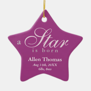 Purple grey a star is born baby name announcement ceramic tree decoration