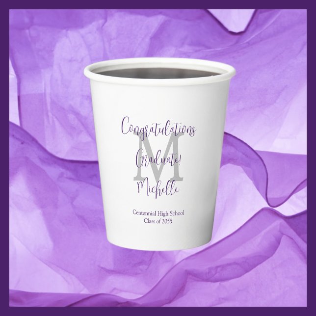 Purple Grey and White Monogrammed Graduation Party Paper Cups (Creator Uploaded)