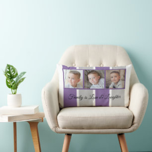 Purple grey and white photo collage family striped lumbar cushion