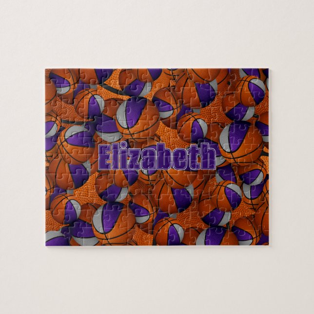 purple grey basketball team colours personalised jigsaw puzzle (Horizontal)