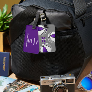 purple grey basketballs athletes monogrammed luggage tag