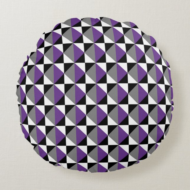 Purple, Grey, Black and White Square and Diamond Round Cushion (Front)