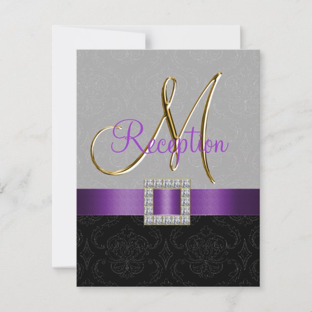 Purple Grey Black Damask Gold Reception Card (Front)