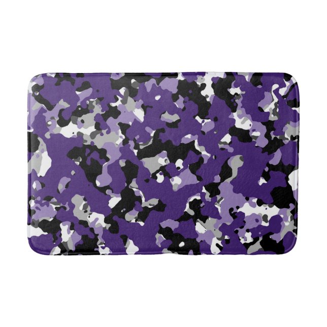 Purple Grey Black White Camouflage Camo Print Bath Mat (Front)