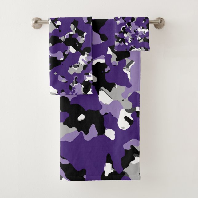 Purple Grey Black White Camouflage Camo Print Bath Towel Set (Insitu)