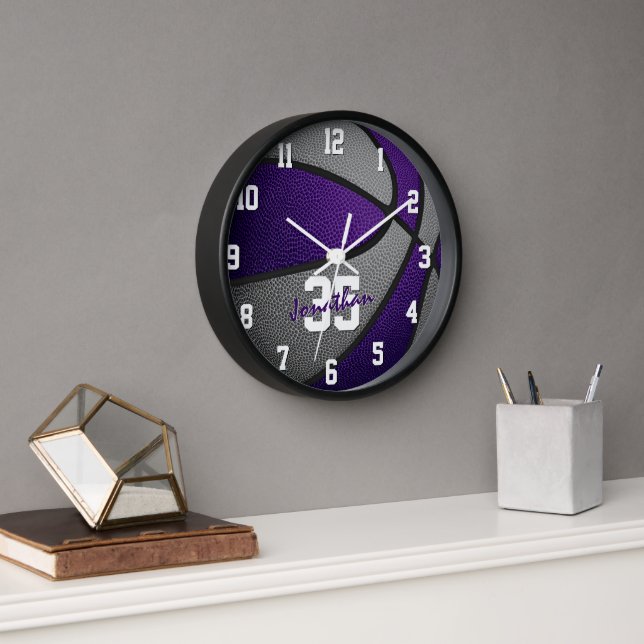 purple grey boys girls basketball personalised clock (Office)