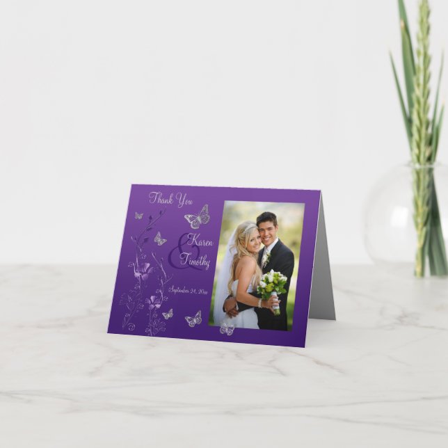 Purple Grey Butterfly Floral Photo Thank You Card (Front)