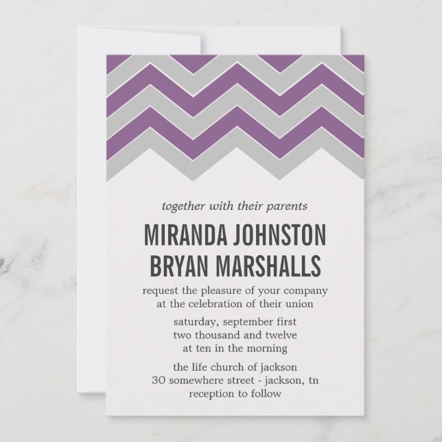 Purple & Grey Chevron Design Wedding Invitations (Front)