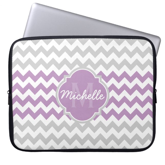 Purple Grey Chevron Pattern Quatrefoil Monogram Laptop Sleeve (Front)