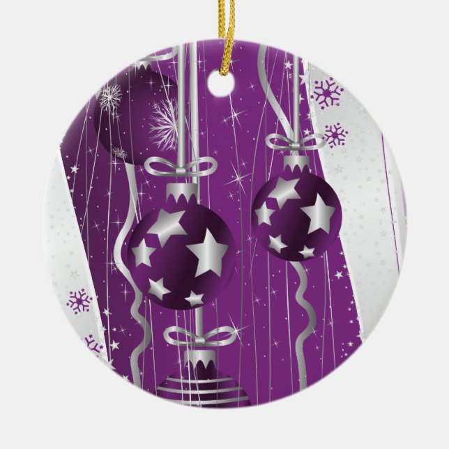 Purple, grey Christmas balls stars and snowflakes Ceramic Ornament (Front)